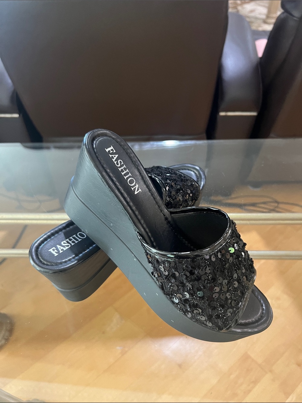 Fashion Black Sequin Platform Mules